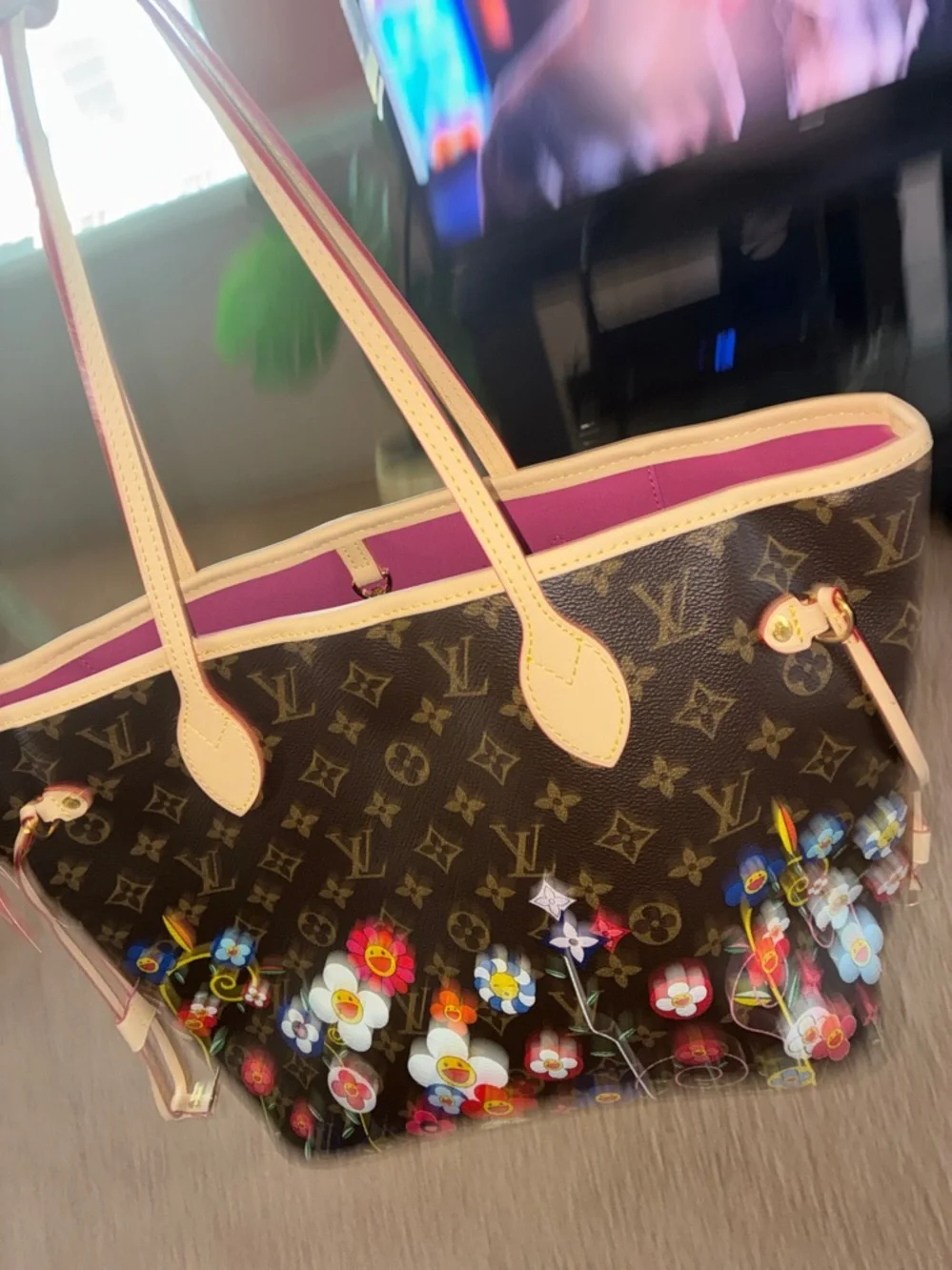 Brown Monogram Floral Tote with Matching Pouch - Picture 1 of 13